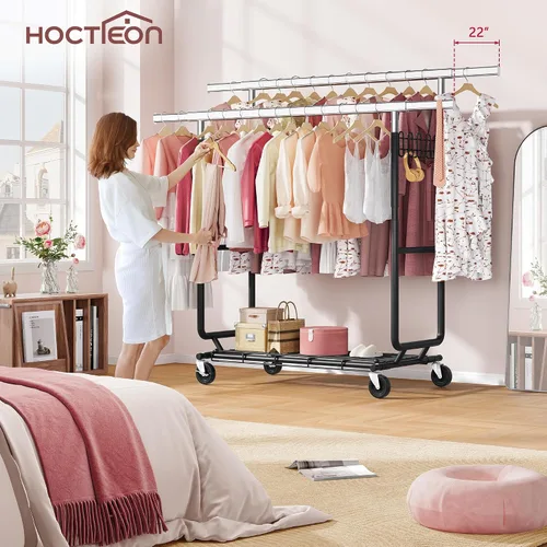 Vista 8 de Hoctieon Perchero de doble varilla de montaje en 2 minutos, estante resistente para ropa con ruedas, plegable para uso comercial, barra extensible