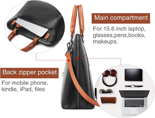 Vista 4 de BOSTANTEN Maletín de cuero para mujer de 15.6 pulgadas, bolso de hombro para laptop, oficina, trabajo, bolsos cruzados y carteras de cuero