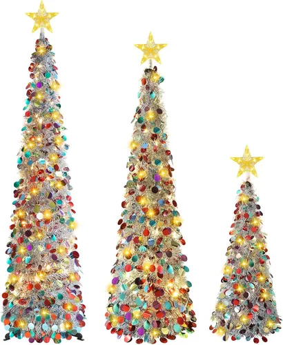 Vista 9 de MACTING Árbol de Navidad desplegable con 50 luces LED con temporizador, 5 pies, árbol de lápiz de oropel plegable de fácil montaje, árbol artificial
