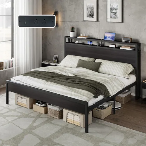 Vista 15 de AMERLIFE Base de cama tamaño Queen con cabecera de almacenamiento y estación de carga, cama de plataforma de metal industrial con gran Negro