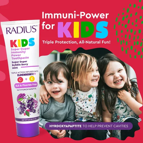 Vista 3 de Radius Pasta de dientes Super Duper Immunity Power para niños, 2.5 onzas, sabor a bayas y menta, paquete de 1