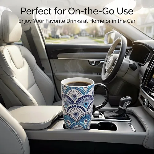 Vista 7 de Topadorn Taza de viaje de porcelana para café y té en color azul, taza de café de cerámica, 48 cl, en caja