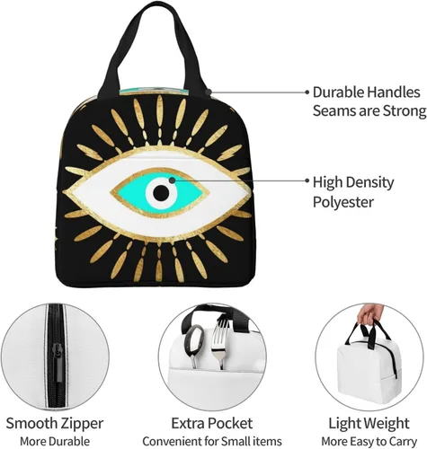 Vista 7 de Hamsa - Bolsa de almuerzo aislada con estampado de ojo malvado de ojo dorado para mujeres y hombres, reutilizable, duradera, impermeable, bolsa