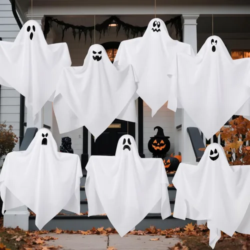 Vista 7 de JOYIN 7 decoraciones colgantes de fantasmas de Halloween al aire libre, 19.6 pulgadas, decoración de fantasmas blancos voladores para árbol