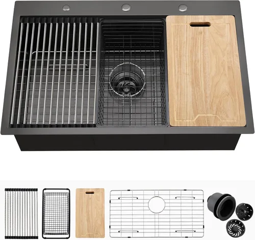 Vista 11 de Fregadero de barra negra de 15 pulgadas, 15 x 18 x 10 pulgadas, calibre 16, T304, de acero inoxidable negro, pequeño, fregadero de cocina, montaje