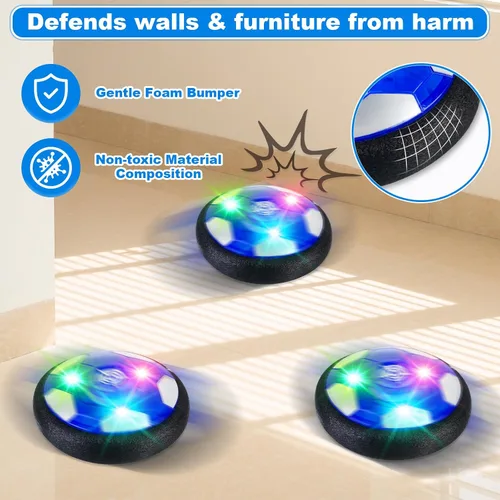 Vista 5 de NEUBSAW Juego de fútbol de hover 4 en 1 y juego de hockey y bolos, juguete deportivo de aire flotante LED para jugar en interiores y exteriores