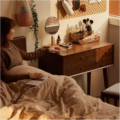 Vista 9 de HIHELO Tocador simple para dormitorio, tocador pequeño, escritorio, juego de taburete de maquillaje de madera con cajón, tocador para tocador