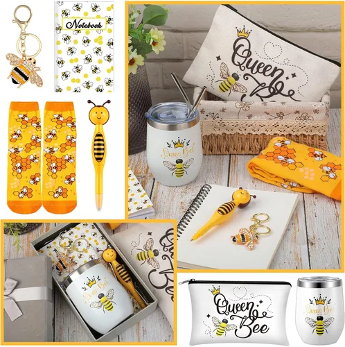 Vista 3 de Panitay Juego de 6 regalos temáticos de abeja para mujer, vaso de acero inoxidable de 12 onzas con popote y calcetines de cepillo, bolsa