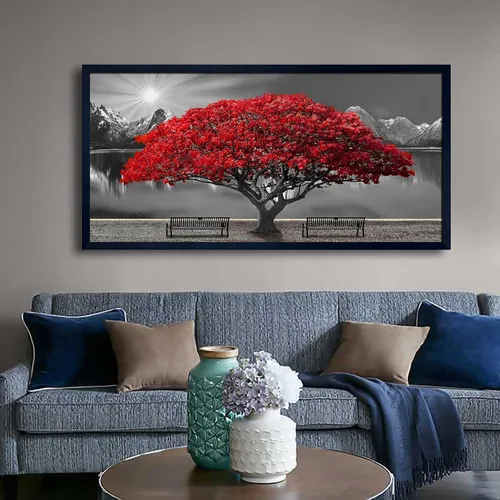 Vista 19 de Mofutinpo Arte de Pared de Árbol Rojo en Blanco y Negro Impresión en Lienzo Cuadro Paisaje de Árbol Rojo Grande Obra de Arte Moderna para Sala