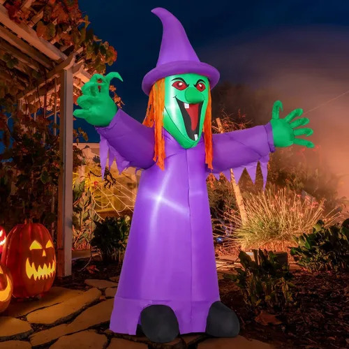 Vista 2 de Inflables de Halloween de 8 pies, decoración de patio de bruja agitable morada con LED LED integrados y diseño de bruja púrpura tembloroso