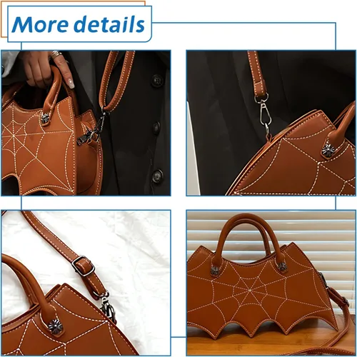 Vista 5 de Ovida Bolso de hombro con ala de murciélago, bolso de Halloween de piel sintética, bolso cruzado de tela de araña, bolso gótico de murciélago