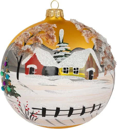 Vista 2 de Adorno navideño de vidrio soplado de Polish Gallery, bola grande dorada, colgante, 5 pulgadas/120 mm, pintado a mano, paisaje invernal campestre