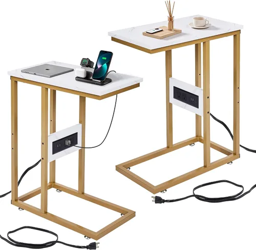 Vista 15 de VECELO Mesa auxiliar en forma de C con estación de carga y 2 puertos USB y salidas para sala de estar, dormitorio, con patas ajustables para sofá