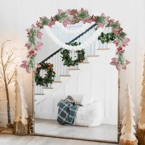 Vista 5 de CISDUEO - Guirnalda de Navidad Artificial de Flores de Nochebuena Poinsettia, Guirnalda de Bayas Rojas Artificiales con Piñas para Chimenea, Mantel