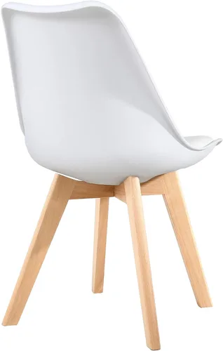 Vista 8 de LSSBOUGHT Sillas de comedor de estilo moderno, silla de plástico Shell Lounge con asiento acolchado suave y patas de madera maciza, juego de 4 Blanco