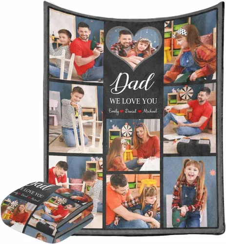 Vista 9 de Manta personalizada para el Día del Padre de parte de los niños, manta personalizada con fotos de Best Dad Ever, regalo de cumpleaños para papá