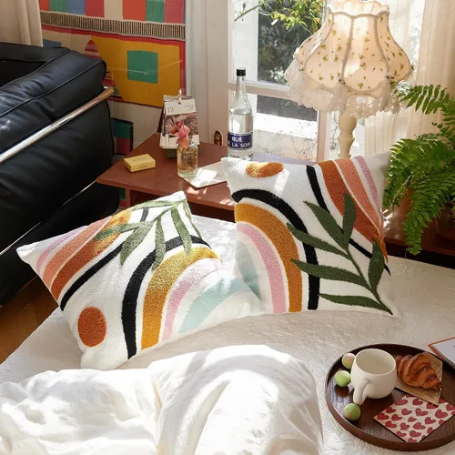 Vista 5 de Bohu Farmhouse - Fundas de almohada coloridas de arcoíris de 18 x 18 pulgadas, con textura de mediados de siglo para sofá, dormitorio, sala