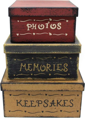 Vista 12 de CVHOMEDECO. Cajas anidadas rectangulares vintage primitivas de cartón “La familia lo es todo”, grandes 12 x 9 x 14 cm. Juego de 3.
