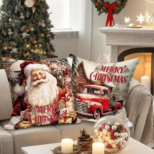 Vista 2 de Lanpn Juego de 4 fundas de almohada de Navidad de 16 x 16 pulgadas, cojín de decoración de Navidad, almohadas rojas de Navidad, funda de almohada
