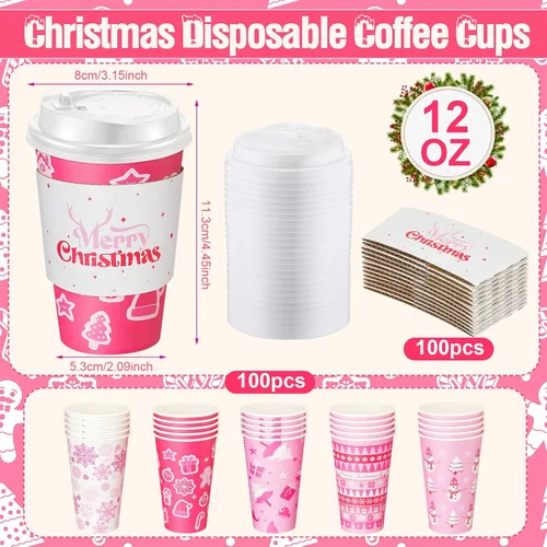 Vista 2 de Ziliny 100 juegos de tazas de papel de Navidad con manga y tapa con pajita, tazas de chocolate caliente y cacao para fiestas de Navidad, suministros