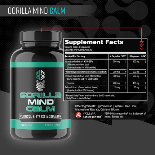 Vista 2 de Gorilla Mind Calma (120 cápsulas) - Potente relajación y reducción del estrés Cortisol y modulador del estrés Recuperación mejorada