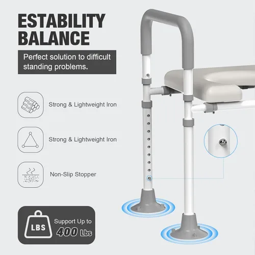 Vista 5 de Asiento de inodoro elevado con asas: elevadores de asistencia de inodoro ajustables para personas mayores, soporte de asiento de inodoro elevado