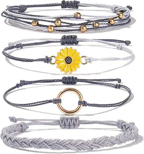 Vista 19 de Pulsera de cuerda trenzada hecha a mano con diseño de girasol para adolescentes y mujeres Beige