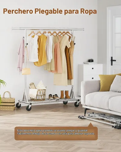 Vista 4 de Hoctieon Perchero de montaje de 1 minuto, 480 libras, percheros de ropa rodantes resistentes con ruedas, perchero plegable para ropa, barra Plata
