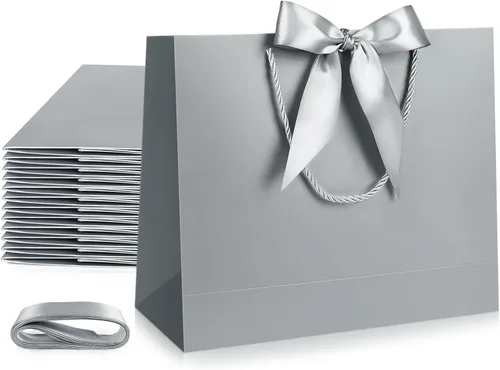 Vista 45 de JMANNI 12 bolsas de regalo de papel de boda con asa, bolsas medianas de regalo de agradecimiento de 13 pulgadas con lazo de cinta, regalos