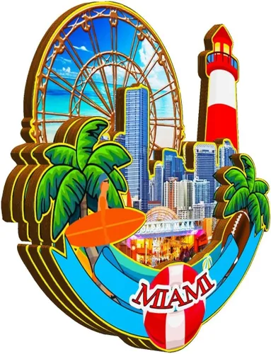 Vista 2 de Imán de madera para nevera de Miami Florida USA Monumentos 3D de viaje coleccionables, recuerdos decorativos hechos a mano -1275