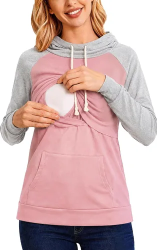 Vista 6 de Liu & Qu - Sudadera con capucha para lactancia de mujer, manga larga, con bolsillo, ropa casual 1.gris