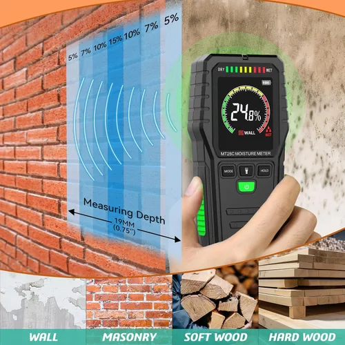 Vista 4 de Medidores de humedad sin pines, probador digital de humedad de madera no invasivo, detector de fugas de agua para pared, madera, edificio, leña