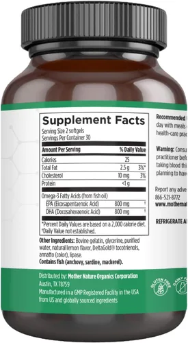 Vista 2 de Mother Nature Organics - Aceite de pescado DHA Omega 3 de alta EPA, 1600 mg - Botella de vidrio de 60 cápsulas blandas por Mother Nature Organics