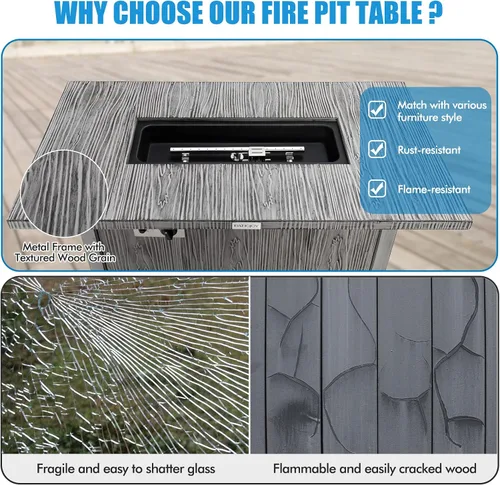 Vista 9 de Tangkula Patiojoy - Mesa de fuego de propano de 43 pulgadas, mesa de fuego de gas para exteriores de 50,000 BTU con mesa de grano de madera