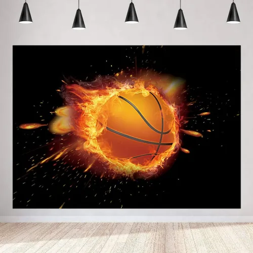 Vista 3 de Telón de fondo de fiesta de baloncesto con llamas, fondo de fotos de juego de baloncesto, MEETSIOY negro, accesorios de estudio, pancarta
