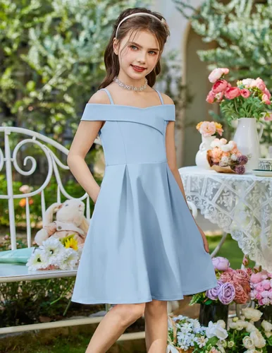 Vista 4 de Arshiner Vestido de verano para niñas con hombros descubiertos, plisado, formal, elegante Azul