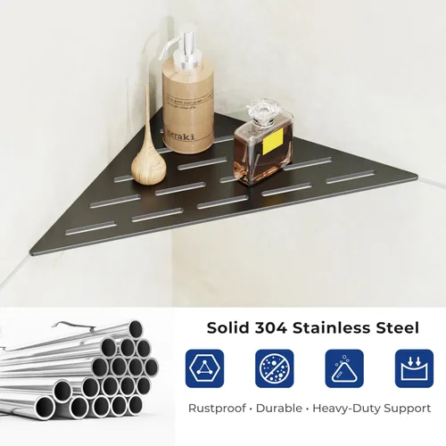 Vista 5 de Estante de ducha esquinero, almacenamiento incorporado en baño para paredes de azulejos de 90°, acero inoxidable 304 negro mate, juego de 2