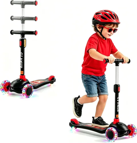Vista 12 de GLAMUP Patinete para niños de 3 ruedas, manillar ajustable en altura para niños, sistema de inclinación para dirección y mecanismo de fácil plegado