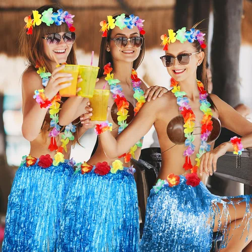 Vista 5 de Tigeen 6 Pcs Coconut Bra Hawaiian Grass Hula Skirt Costume Set Dance Leis Outfit for Women Luau Party Supplies, 23.6 Inch