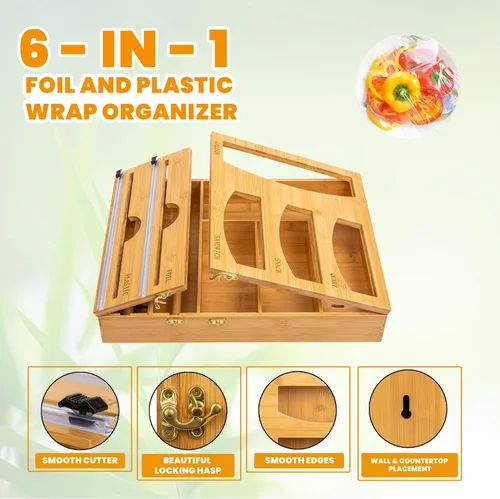 Vista 6 de T3-R Organizador de envoltura de bambú, dispensador 6 en 1 con cortador para bolsas de sándwich, papel de aluminio, papel encerado y envoltura