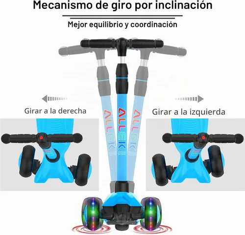 Vista 6 de Allek - Kick Scooter B03. Monopatín de 3 ruedas con ruedas de PU extra anchas y luminosas, sistema Lean 'N Glide, manillar ajustable a cualquier