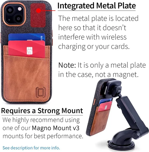 Vista 3 de Dockem Funda de tela para iPhone 13 con placa de metal integrada para montaje magnético, cartera de piel auténtica cosida con 2 ranuras para tarjeta