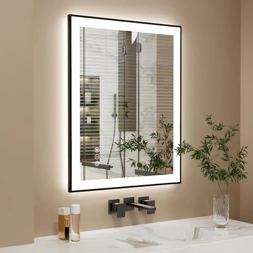 Vista 23 de Espejo de baño LED de 24x28 pulgadas con marco negro, espejos de baño retroiluminados y con luz frontal para pared, antiempañamiento, regulable