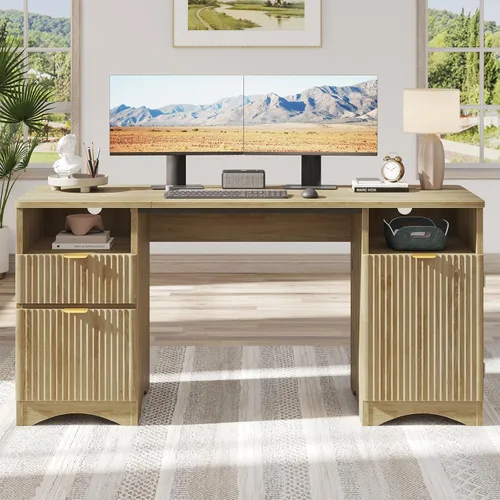 Vista 10 de Bestier Escritorio para computadora con cajón, escritorio de oficina de 47 pulgadas con armario de almacenamiento, escritorio de madera moderno