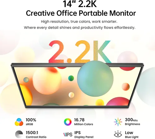 Vista 2 de Yxk Monitor Portátil de 14 Pulgadas 2.2K QHD USB C HDMI Ultra-Delgado IPS Pantalla de Viaje y Altavoces, HDR Plug&Play, Monitor Externo para Laptop