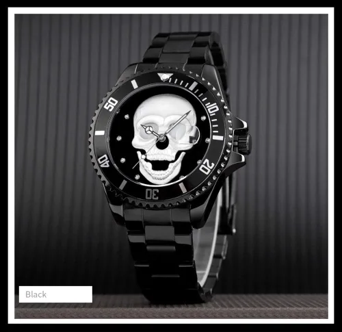 Vista 3 de Relojes de calavera para hombre, esqueleto 3D, bisel unidireccional, 30M, relojes de pulsera de cuarzo impermeables