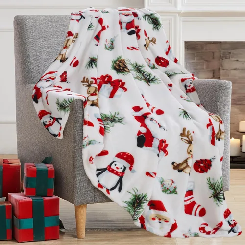 Vista 31 de Manta de Forro Polar para las Fiestas Navideñas: Corona Tradicional de Decoración del Hogar con Saludos Cheers Merry Peace Joy sobre Fondo Beige