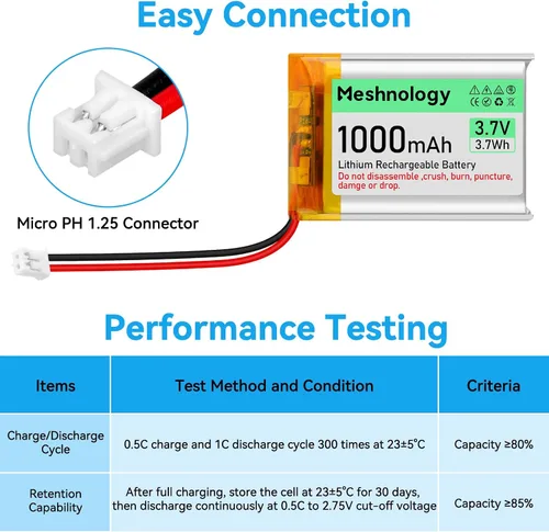 Vista 9 de Batería Lipo de 3.7V 1000mAh 803040 Batería recargable de polímero de litio con cable de cargador USB, conector micro Ph1.25, circuito de protección