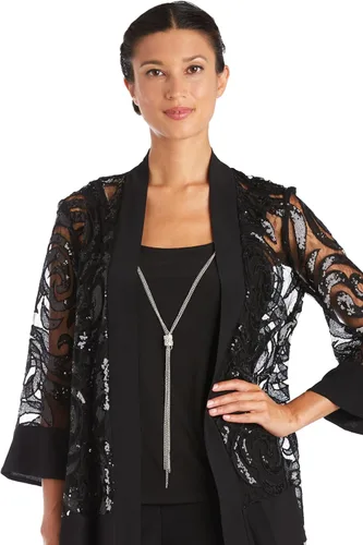 Vista 2 de Conjunto de tres piezas con chaqueta de columpio de lentejuelas y collar desmontable - Petite