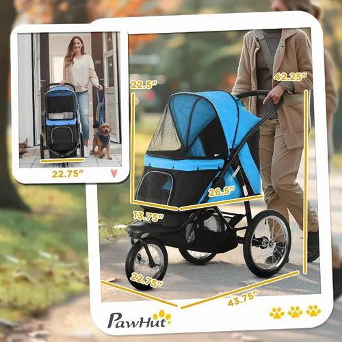Vista 3 de PawHut Cochecito para mascotas de 3 ruedas, cochecito plegable para perros con toldo ajustable, correa de seguridad, cojín, cesta de almacenamiento